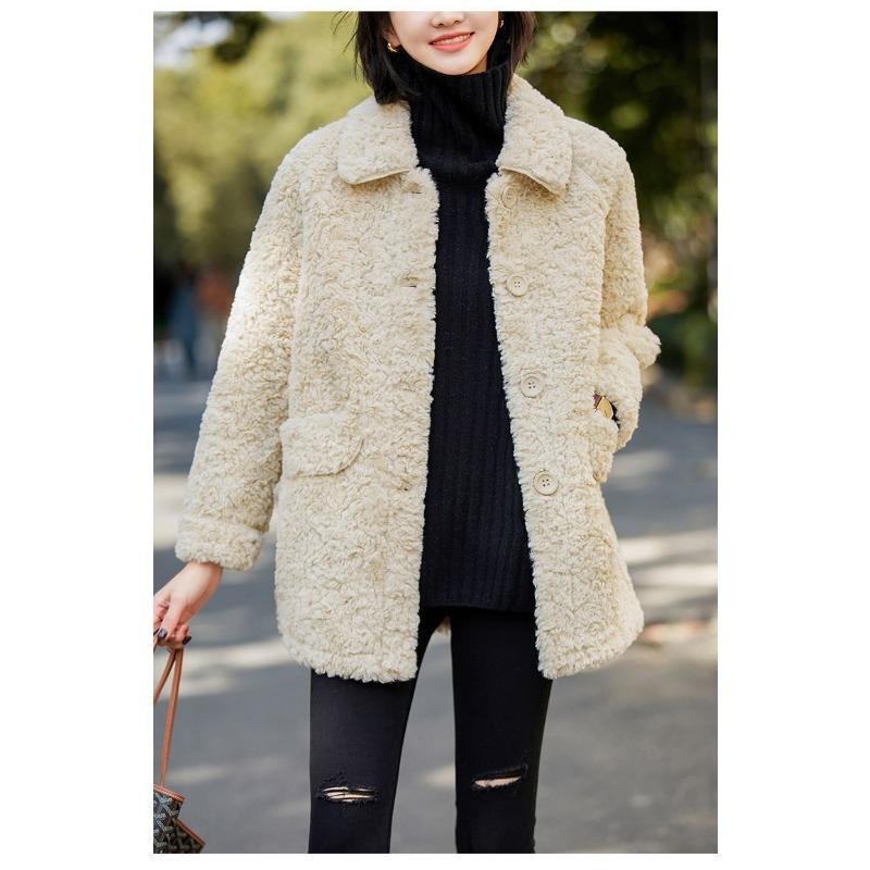 Jacket Female Fall and Winter New Korean Version of The Velvet Thickened Medium-length Imitation Lamb's Wool Lapel Loose Cotton Jacket Blouse