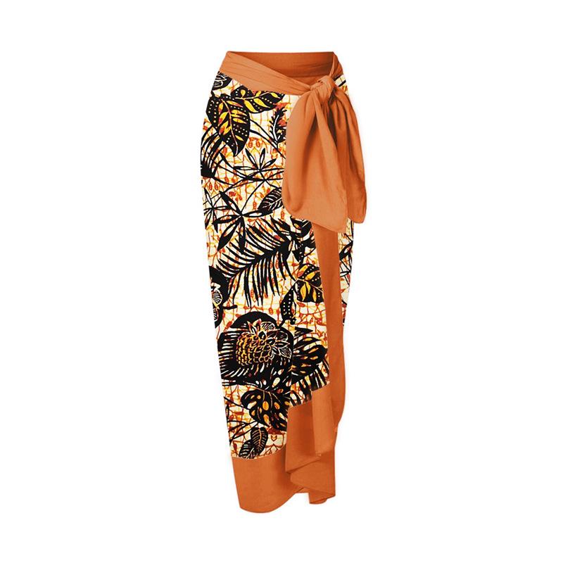 

Cross-Border Vacation Style Print Midi Skirt with Tie-Up Design One Size кавовий