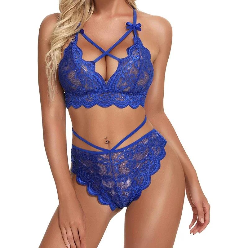 Lingerie Women Lace Hollow Bra Set Transparent Push Up Bras G-String Underwear See Through Costume Sex Exotic Apparel