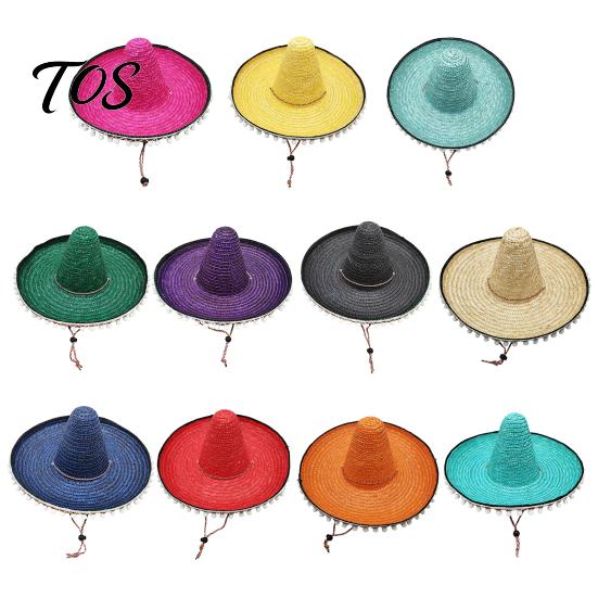 Mexican Straw Hat Sombrero with Colorful Poms, Hawaiian Style Woven Sun Hat, Wide Brim Lightweight Halloween Costume Party for Summer Beach