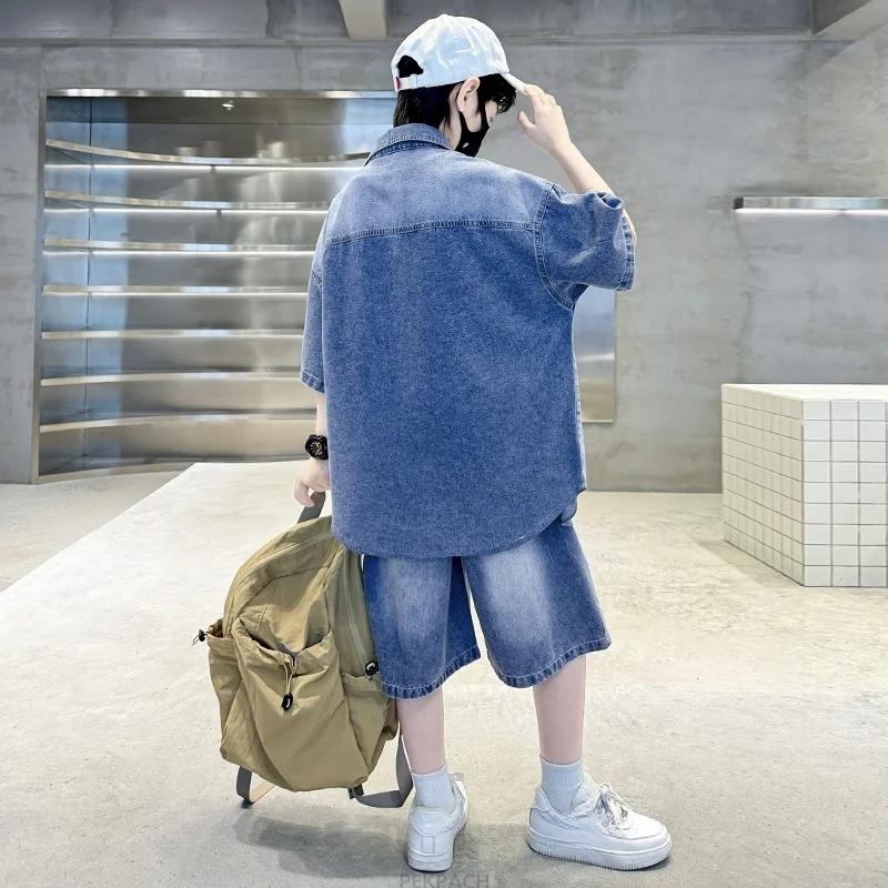 Jungen Denim Anzug Sommerkleidung Neues Kinder Kurzarmhemd + Shorts Sport Koreanische Trainingsanzüge Sets Kinder Luxus Kleidung Anzug