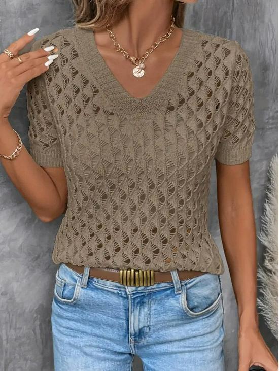 Women's V-Neck Hollow-Out Knit Short-Sleeve Loose Summer Top
