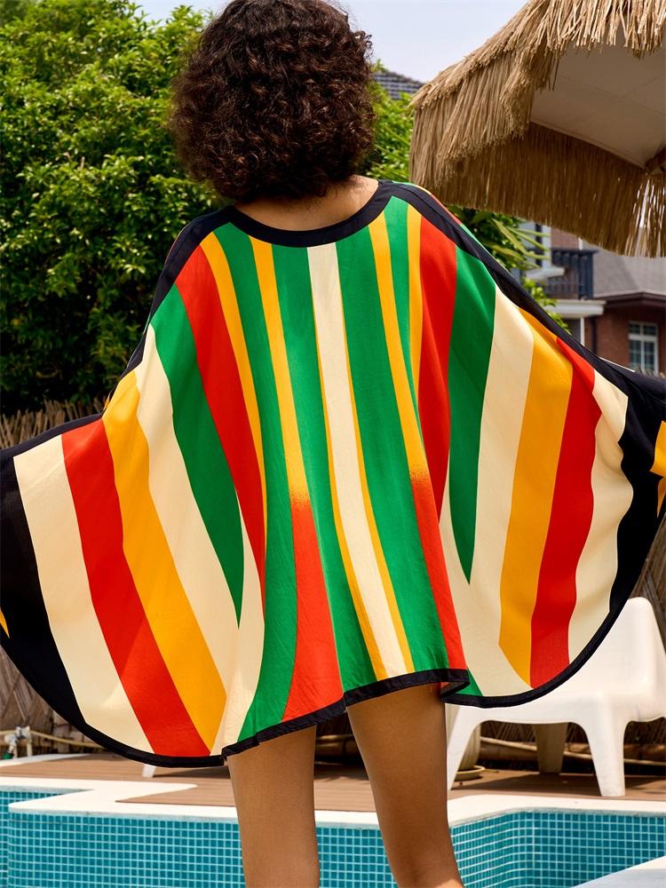 EDOLYNSA 2024 Multicolor Printed Large V Neck Batwing Sleeve Beach Mini Dress Loose Striped Summer Women Vacation Pool Party Swimsuit Cover Up