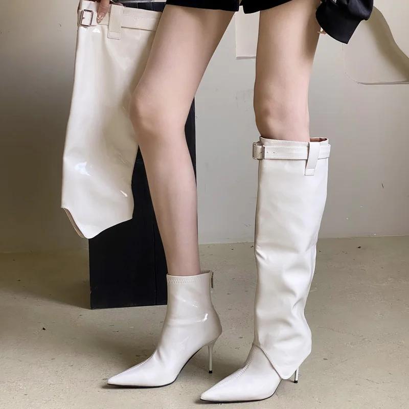 Designer Sexy Patent Leather Woman Knee-High Boots Thin Heels Long Booties Belt Buckle Strap Stripper Shoes