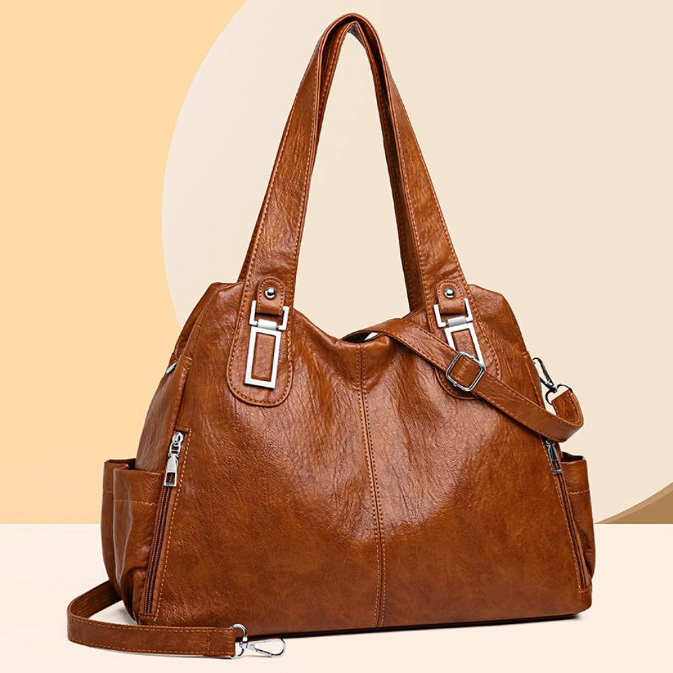 Solid Color Shoulder Bag For Women High-Quality Soft Leather Casual Tote Bag Ladies Vintage Crossbody Messenger Handbag