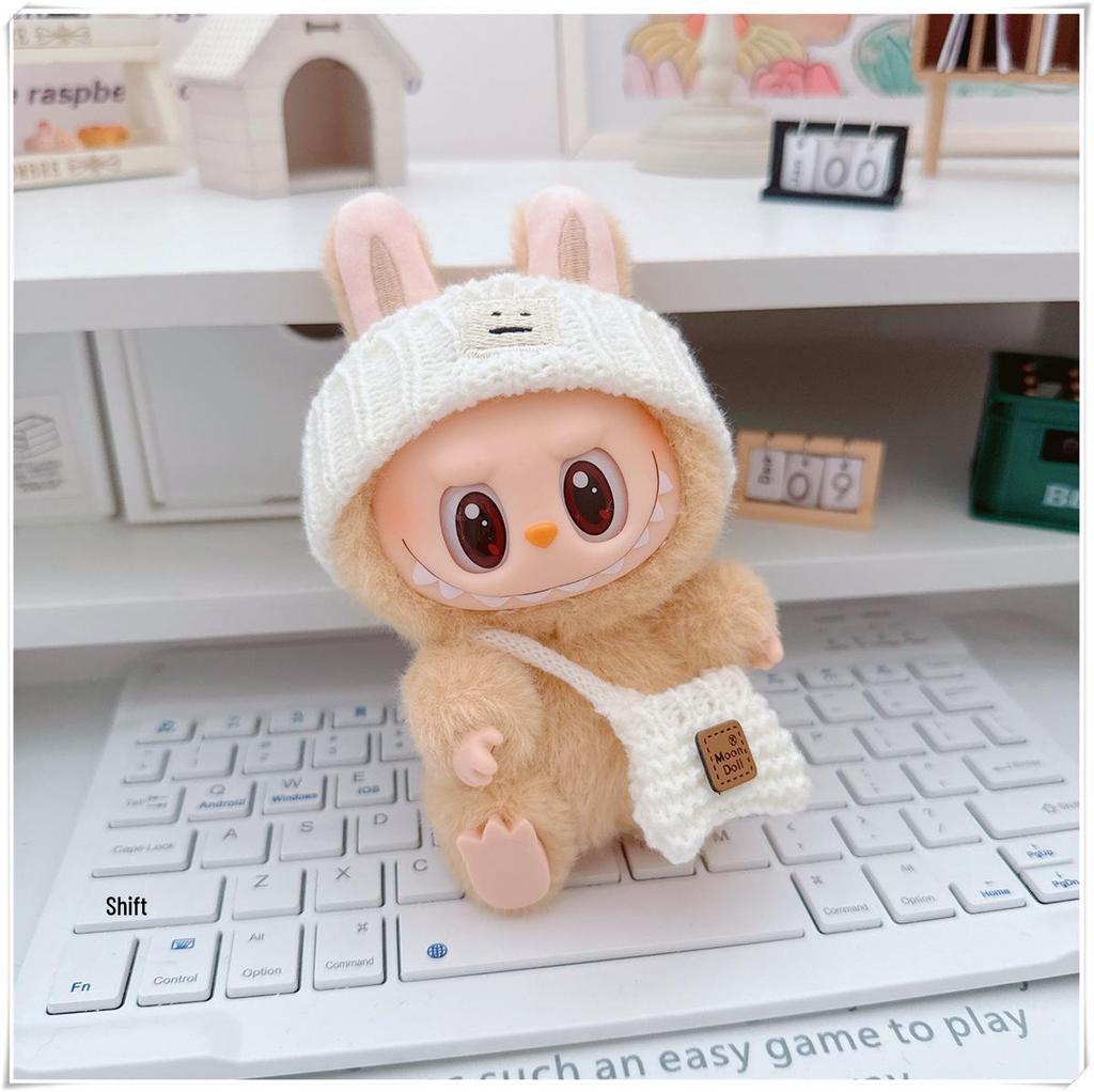 17cm Labubu Doll Clothes Set: Heart Sweater, Hat, Crossbody Bag - First & Second Generation.