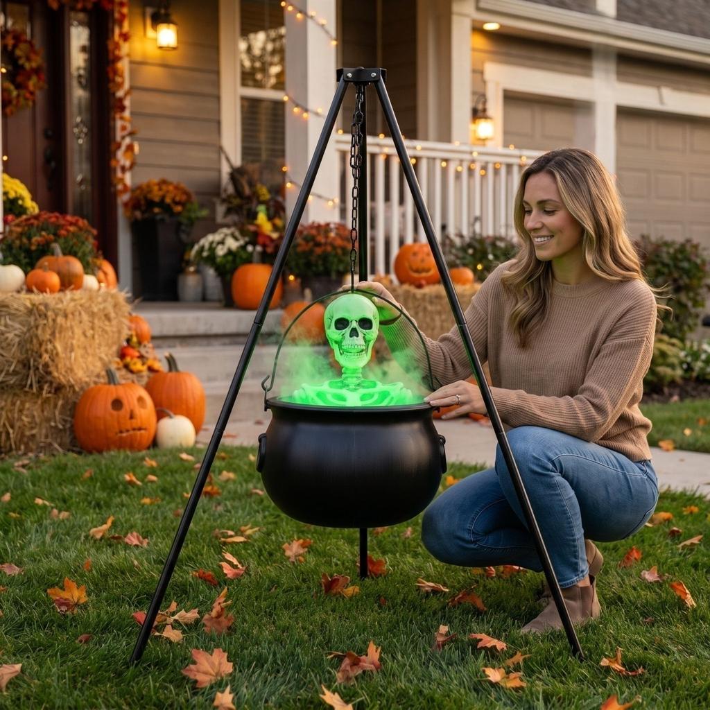 Halloween Witch Cauldron Candy with Tripod Stand for Outdoor Garden Party Decor