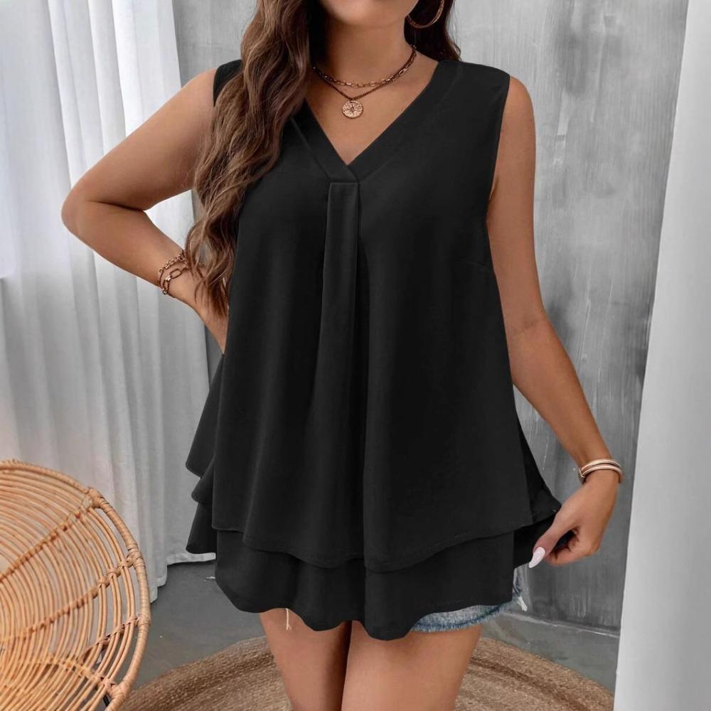 

Блузки для женщин 2025 Лето Женские летние новые однотонные блузки без рукавов со свободным подолом из шифона Элегантные блузки для женщин 2025 XL чёрный