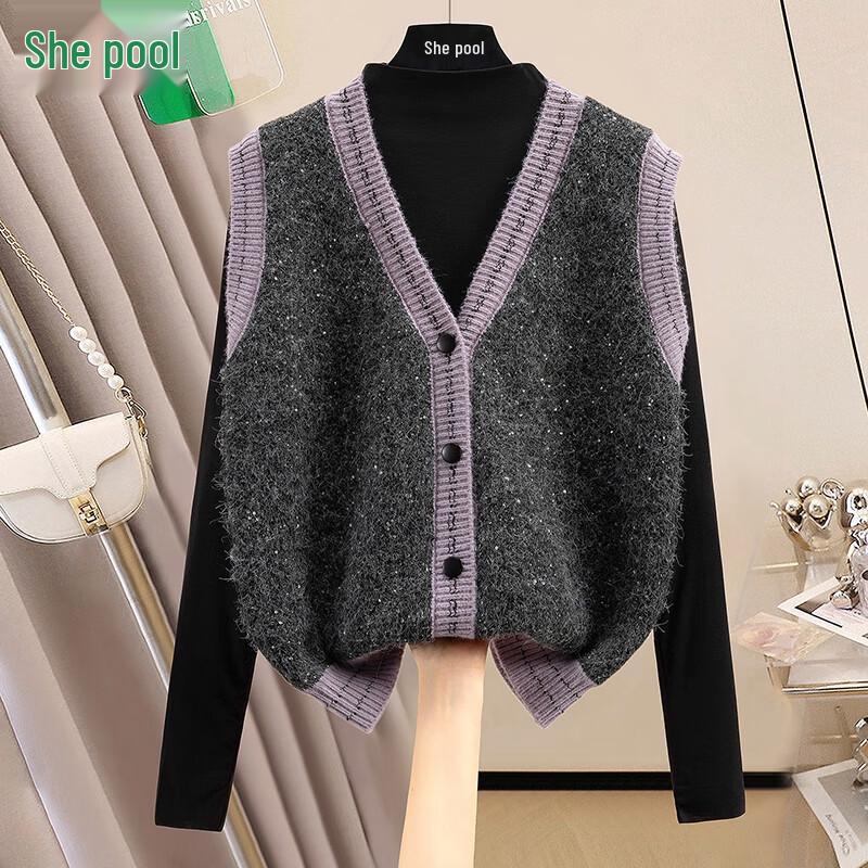 

Женский вязаный жилет из шерстяной смеси с цветными блоками и V-образным вырезом One Size