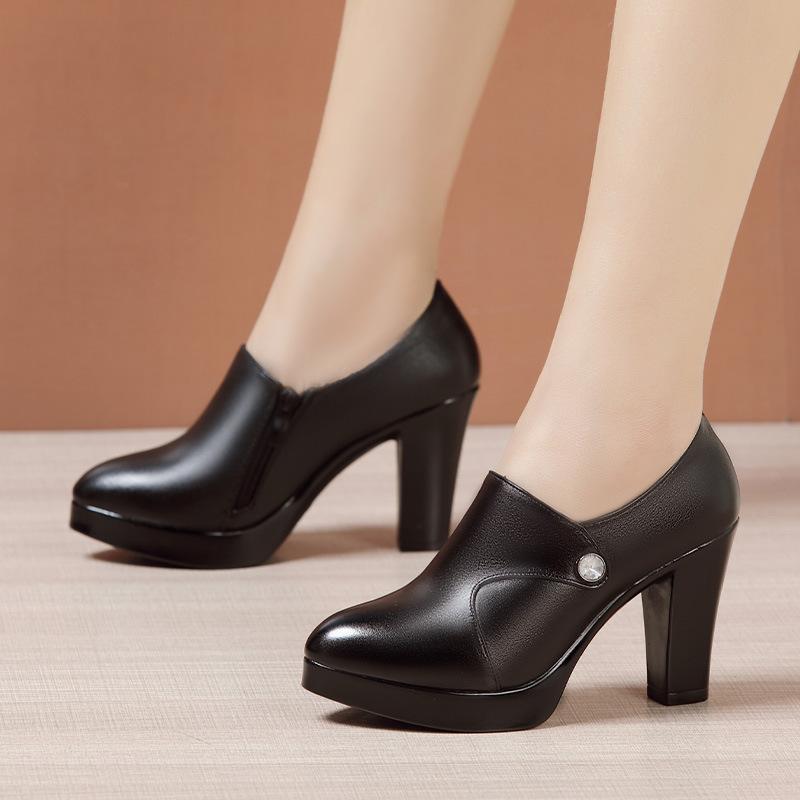 Size 32-43 Women's High Heels Shoes Genuine Leather Platform Black Work Shoes Woman Pointed Thick Heel Deep Mouth Casual Pump