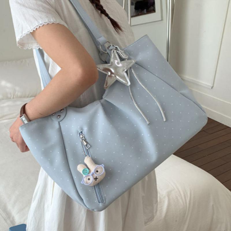 Vintage Frosted Tote Bag Casual Students Purse Large Capacity Shoulder Bag Polka Dot Drawstring Zipper Handbag with Star Pendant