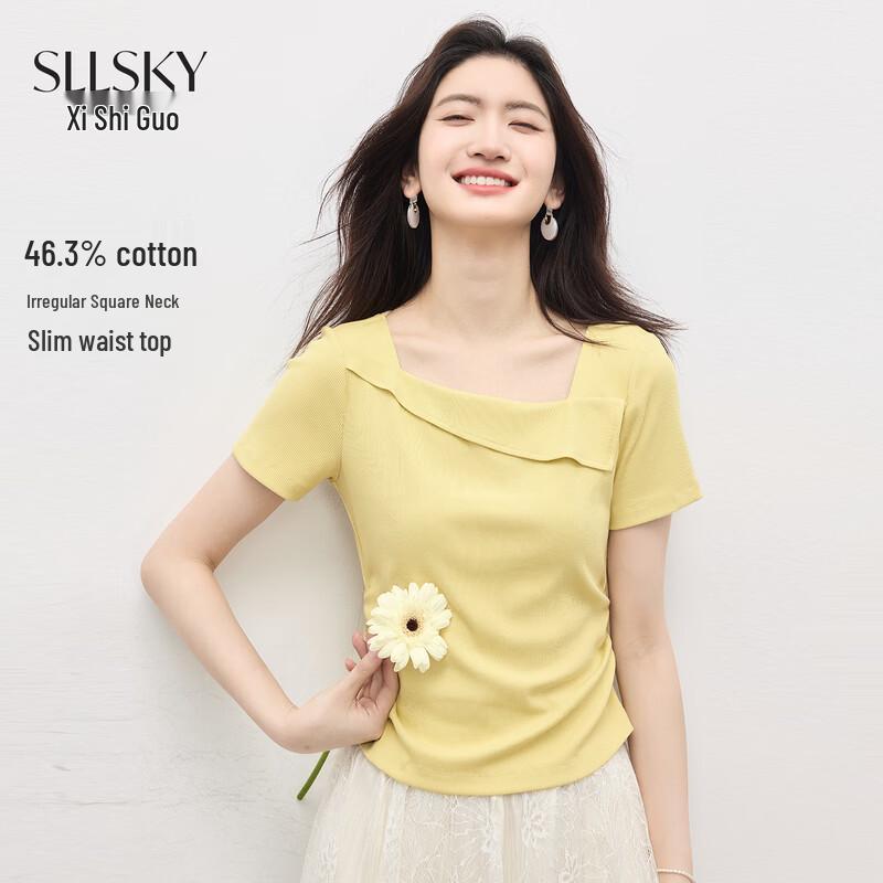 Women s Irregular Square Neck Pleated Short Sleeve T-Shirt XXL