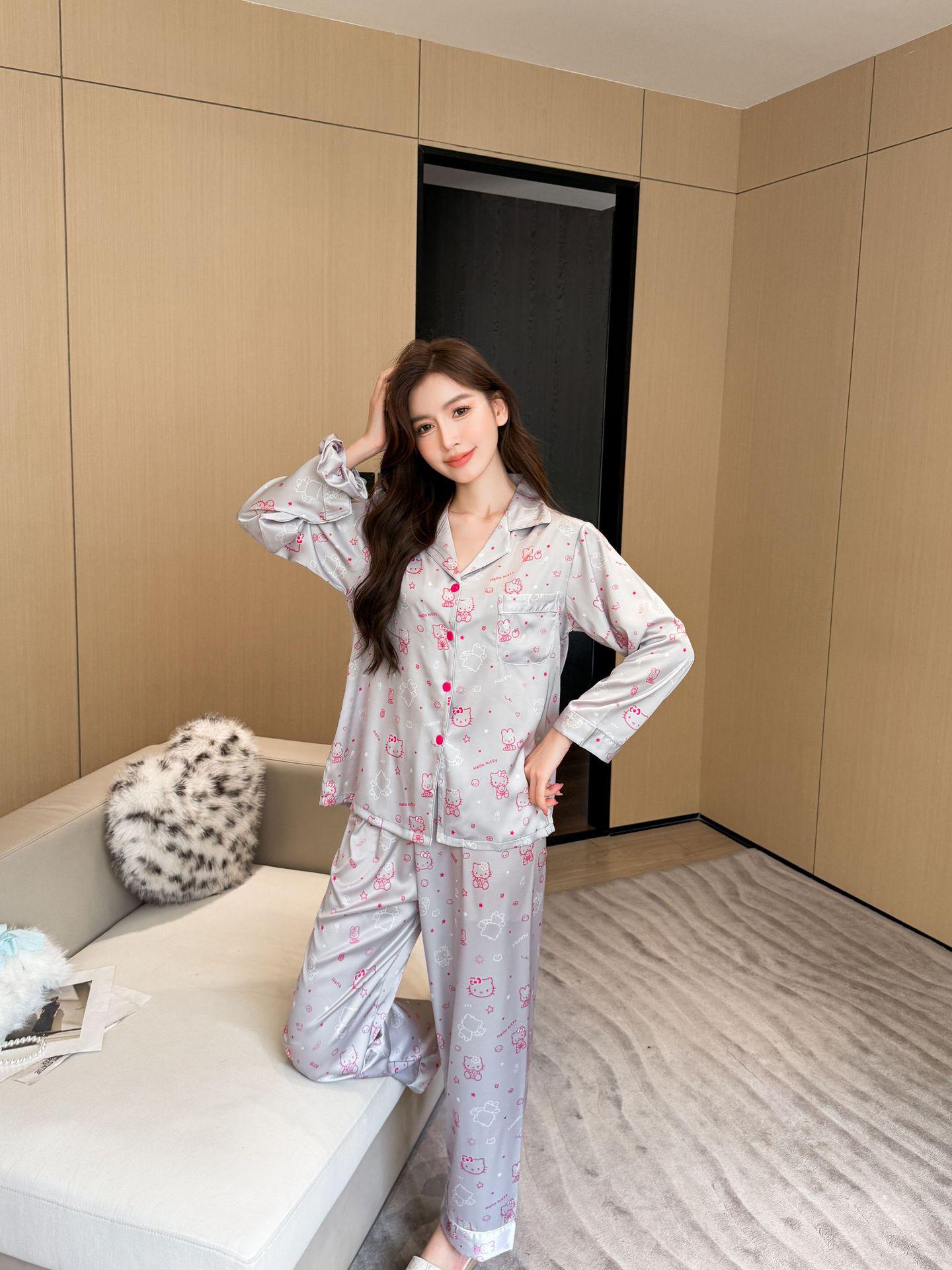 

2025 Милый женский пижамный комплект в корейском стиле с котиком: Домашняя одежда с длинными рукавами и длинными брюками для осени и зимы Large