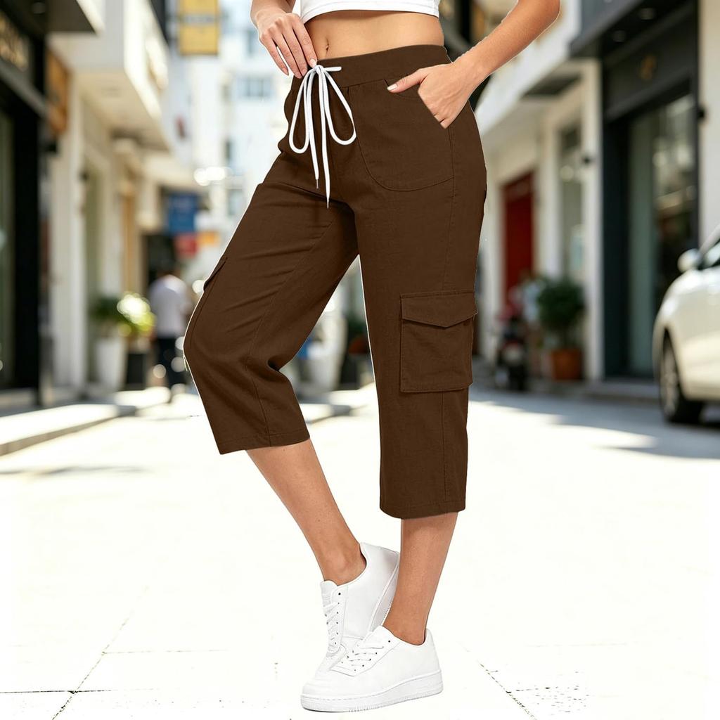 Women Casual Loose Fit Cargo Pants Mid Calf Length Drawstring Waist Elastic Band Pocket Design Comfortable Workwear