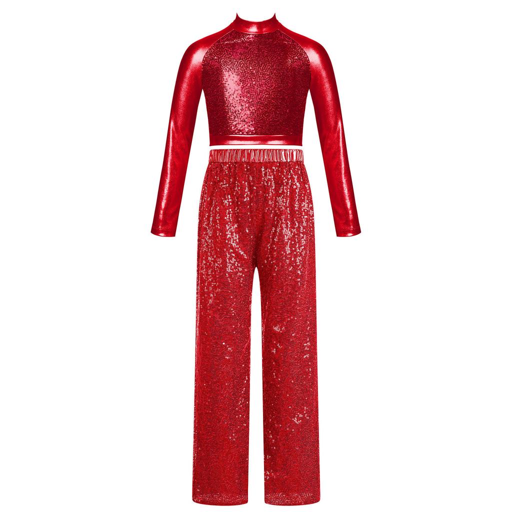 Girls Shiny Sequins Dance Crop Top Mock Neck Long Sleeve High Waist Wide Leg Pants Set