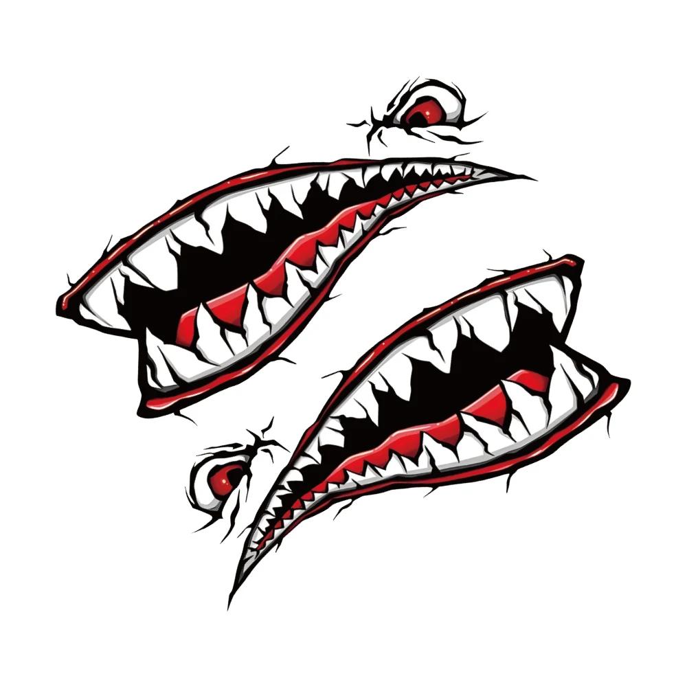 2pcs Funny Cartoon Car Stickers Shark Mouth Tooth Teeth Stylish Fun Graphics PVC Waterproof Stylish Sticker for Car DIY Decals