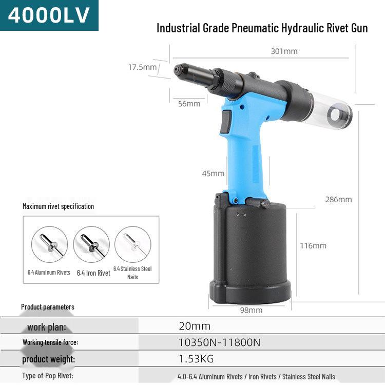 Industrial-Grade 4000H Automatic Pneumatic Rivet Gun, Self-Suction, Stainless Steel Blind & Pull Rivets