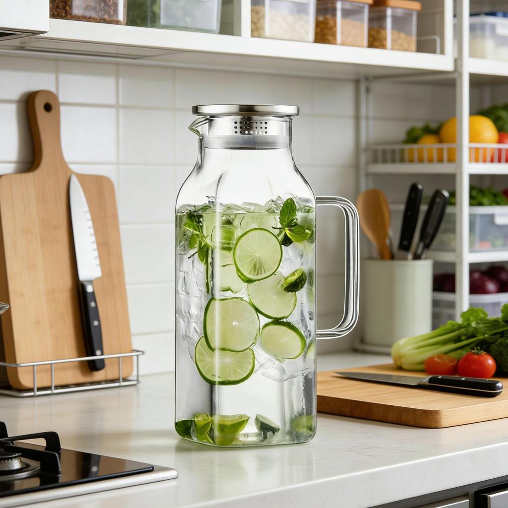 Glass Pitcher 2L Cold Drinks Jug with Handle and Lid Large Capacity Glass Pitcher for Tea Coffee Juice Milk Lemonade