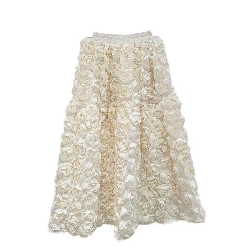 French A-Line High Waist Skirt with 3D Flowers - Spring/Winter Collection