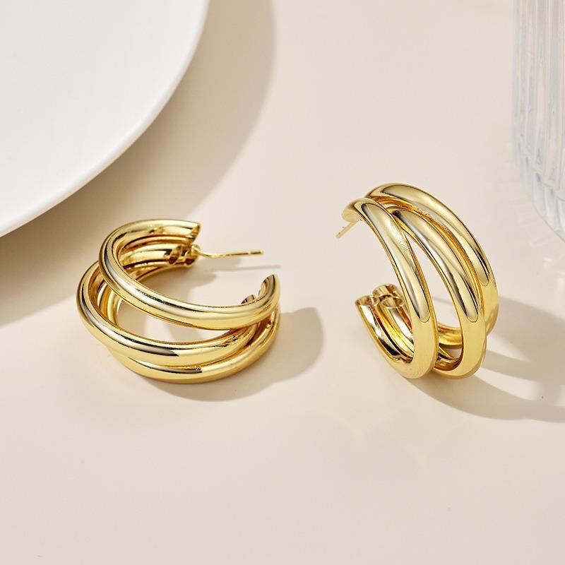 Stainless Steel Double Loop Drop Earrings for Women Girls Geometric Round Rhinestone Pendant Earrings Jewelry Gift