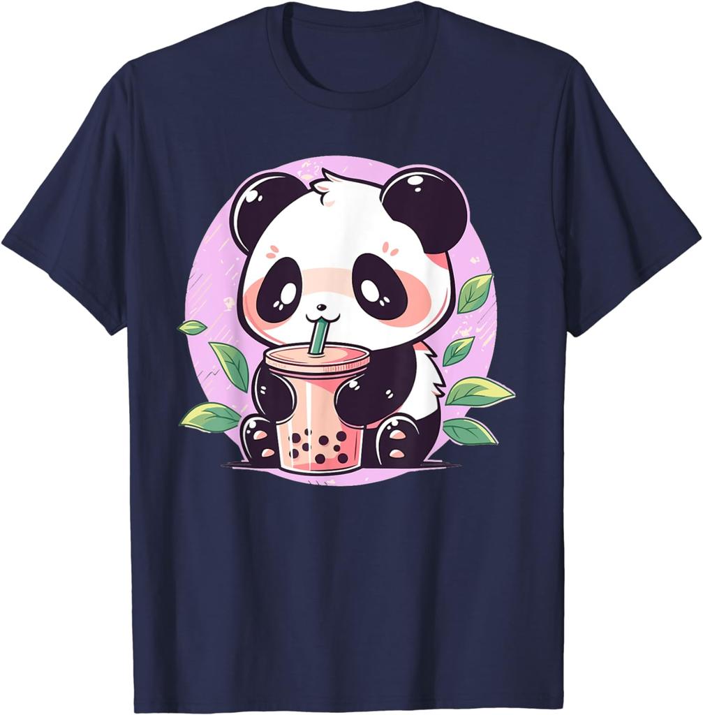 Cute Anime Panda Drinking Bubble Boba Tea Girls Teens Tshirt Cotton Short Sleeve Graphic Shirt Comfortable