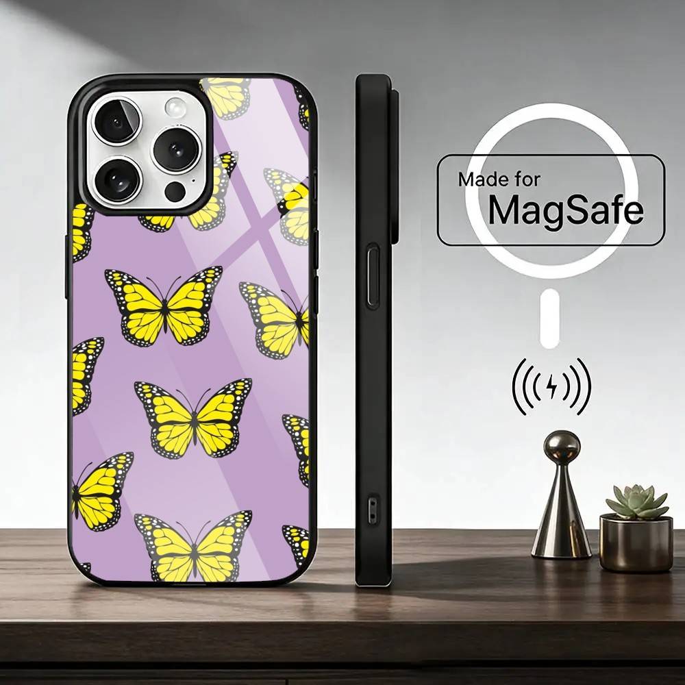Retro Art Schwarzer B-Schmetterling Handyhülle für iPhone 17, 16, 15, 14, 13, 12, 11 Plus, Pro Magnetisch mit Magsafe Kabelloses Laden