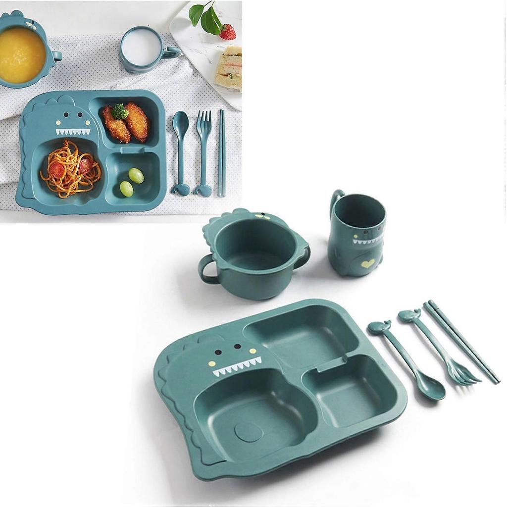 Baby Divided Dinner Plate Cartoon Dinosaur Baby Feeding Bowl Plate Set with Spoon Fork Cup Blue 
