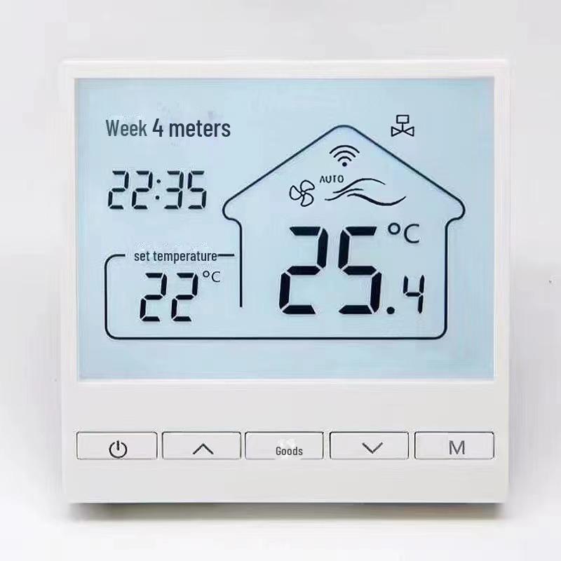 Smart WIFI touch screen thermostat with three-speed fan coil control for central air conditioning remote management.