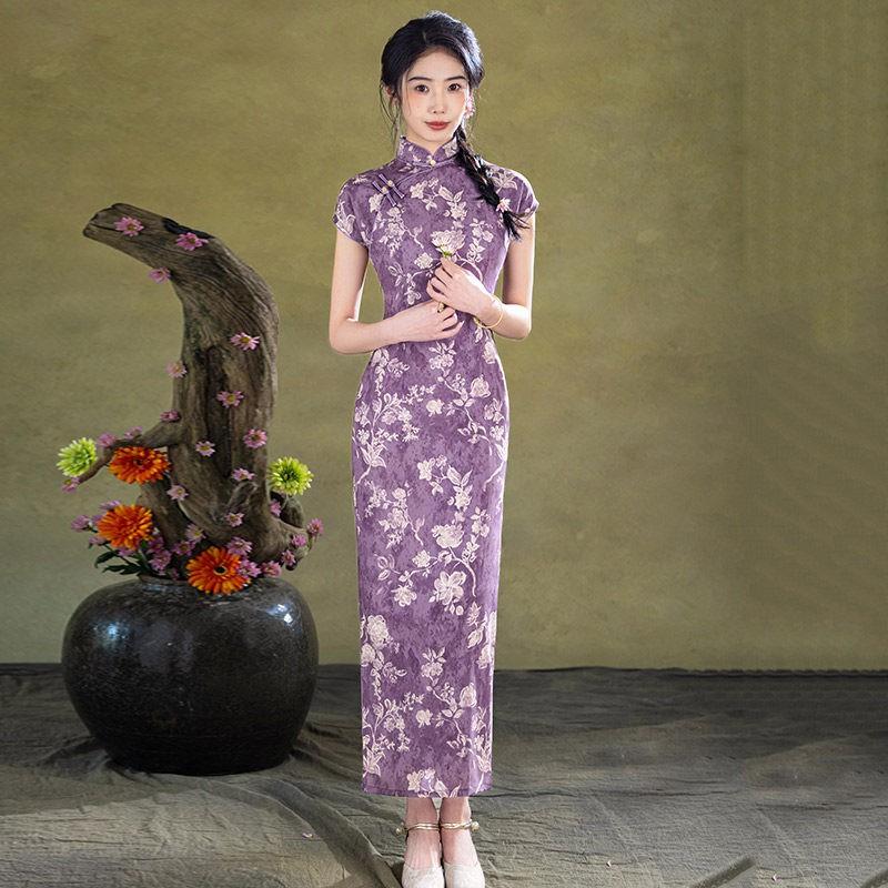 Purple Sleeveless Modern Chinese-Inspired Long Cheongsam Dress Women 2026 Stylish Retro Fit Small