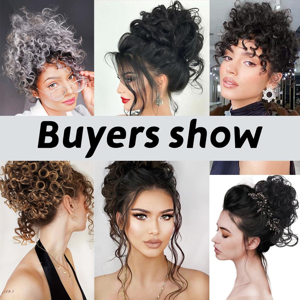 XINRAN Synthetic Messy Bun Short Curly Ponytail Extension Elastic Drawstring Loose Big Curly Clip In Hair Pieces For Women Daily Wear