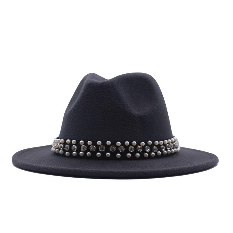 European and American Style Spring and Autumn Winter Imitation Felt Big Edge Hat British Retro Woolen Top Hat Women's Pearl Rhinestone Ribbon Jazz Hat