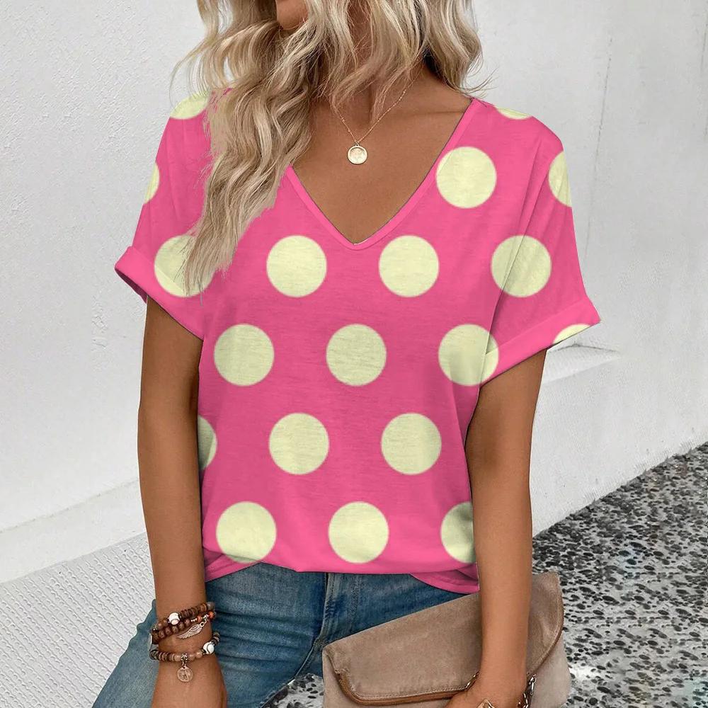 Nuove T-shirt a pois estive Stampa 3D Moda Donna Scollo a V Manica Corta T-shirt Y2K Casual Tee Abbigliamento Femminile Harajuku