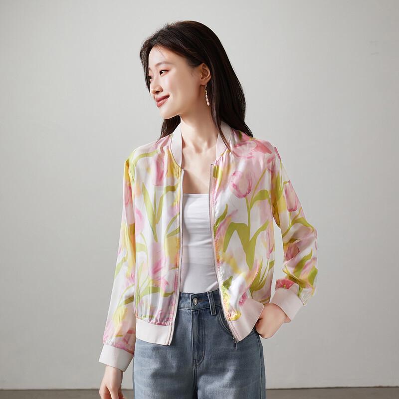 SOFSIL Damen Seiden Baseballjacke mit botanischem Druck