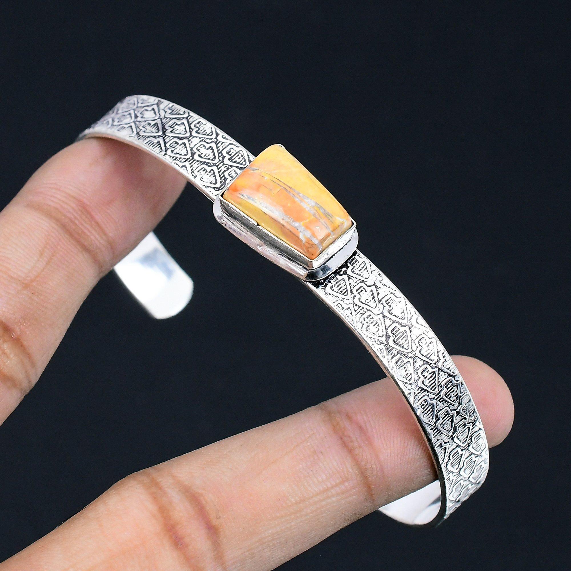 

Natural Maligano Jasper Gemstone Bangle Yellow Adjustable 925 Sterling Silver Adjustable