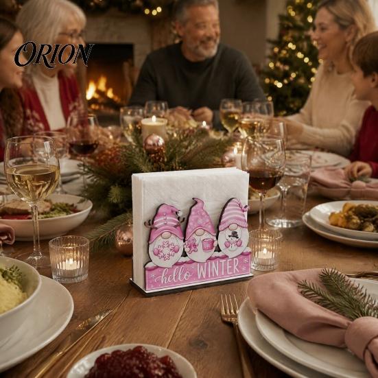 Romantic Festive Home Decor Wooden Christmas Napkin Holder, Gnome/Christmas Tree/Snowman Shape, Pink Paper Stand Stable Organizer for Holiday