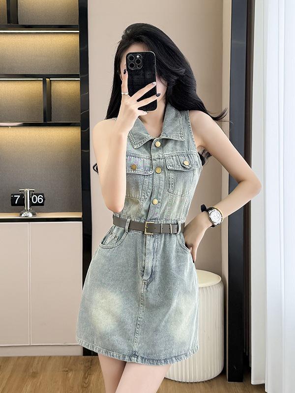 Sleeveless Denim Halter Dress - High Waist Summer Cool