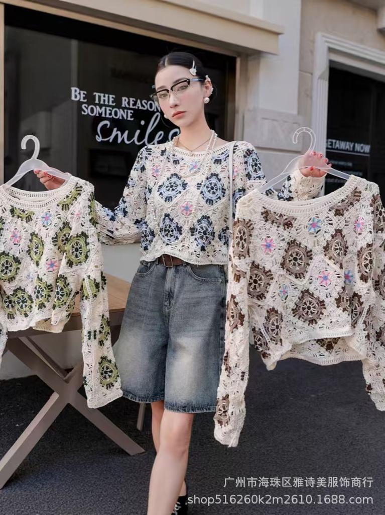Fashion loose and thin hollow crochet knitted sweater women's new foreign style unique chic cardigan long-sleeved top