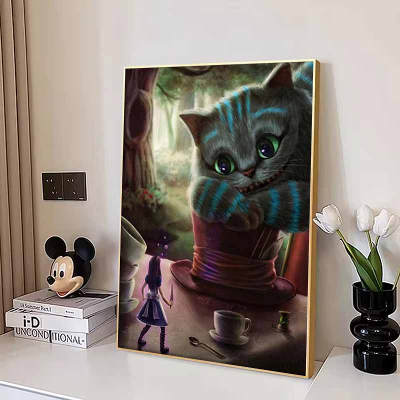 Disney Diamond Painting Cheshire Cat X Alice in Wonderland Dark Fairy Tale Artwork Diamond Mosaic Cross Stitch, Diamond Inlaid Room Decoration Gift