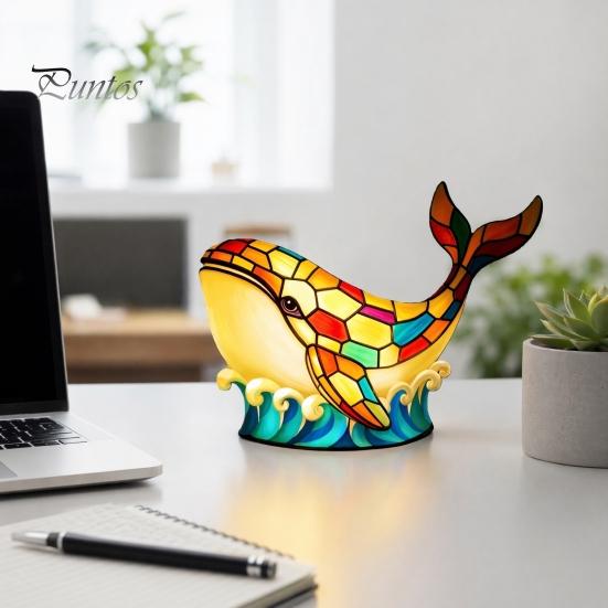 Stained Glass Night Light Whale Light, USB Multicolor Table Lamp, Flicker-free LED Decorative Desk for Home Office Bedroom