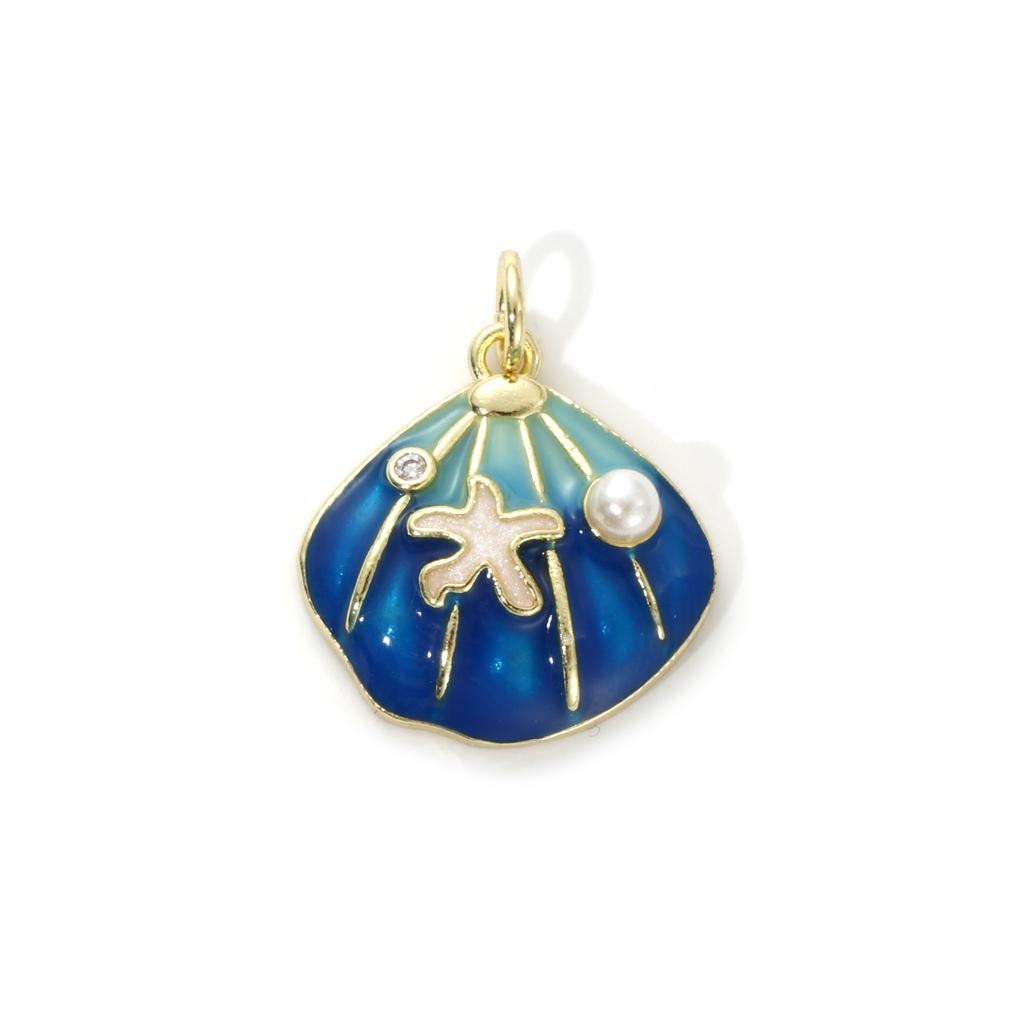2 Piece Brass Ocean Jewelry Blue Charms 18K Real Gold Plated Enamel Fish Seahorse Dolphin Whale Conch Shell Pendant Necklace DIY