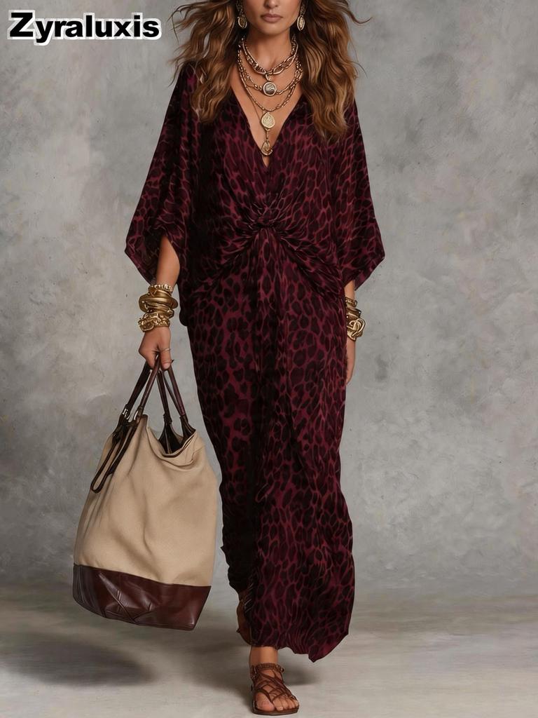 Leopard Print V-Neck Belted Maxi Dress for Women
