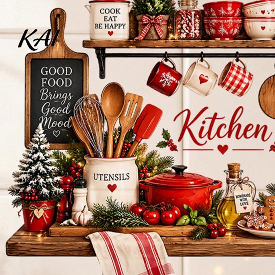 Christmas Party Scene Decoration Kitchen Wall Sticker, Self Adhesive PVC Decal, Festive Utensils Easy Apply Holiday Art Seasonal Holly Gingerbread Man