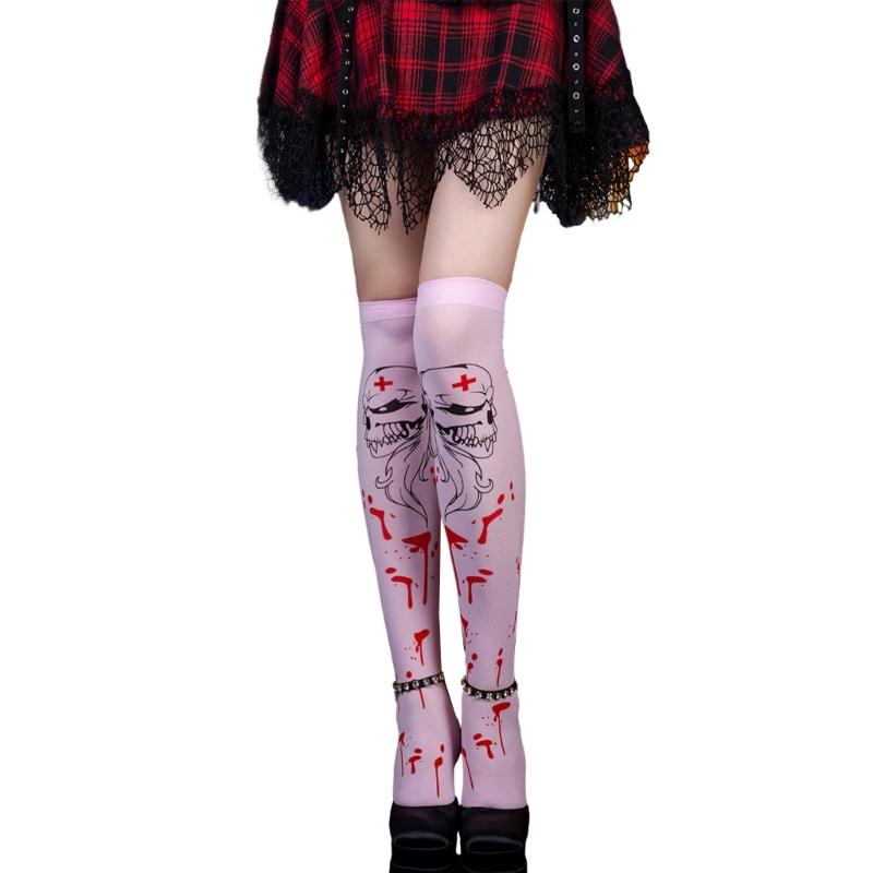 Women Thigh High Socks Over the Knee High Stockings Japanese Skeleton Skull Print Long Socks Thin Halloween Stockings