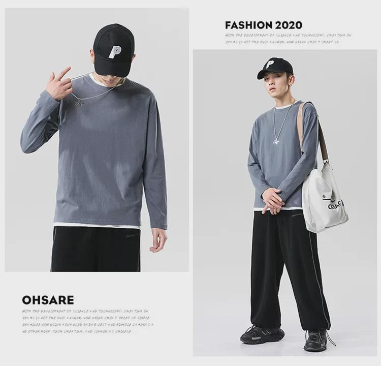 Men's Multicolor Long Sleeve Cotton T-shirt, Couple Outfit, Solid Color, Youth Style