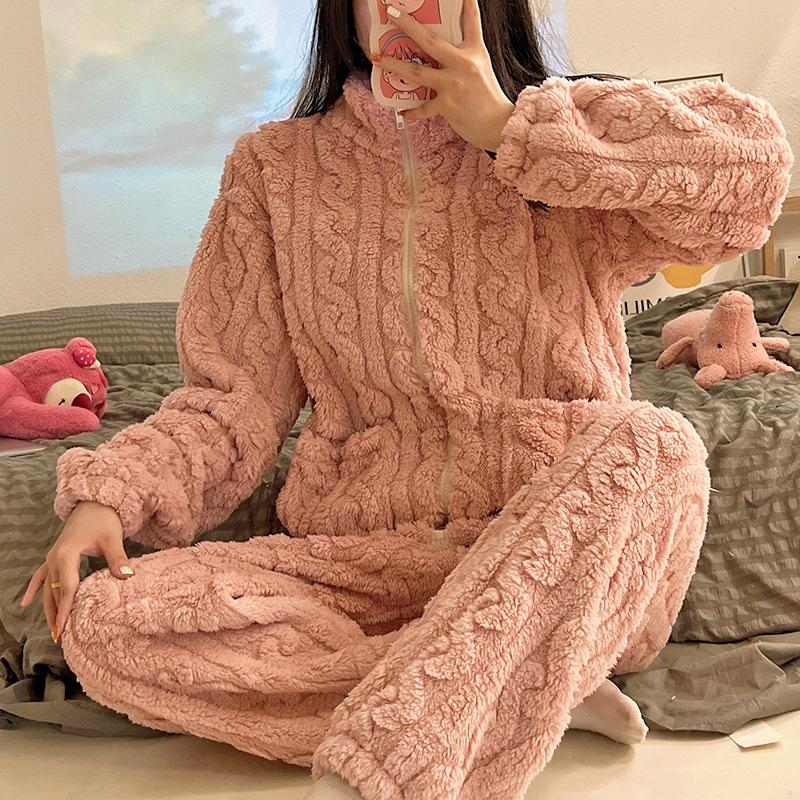 

Женский фланелевый пижамный комплект на молнии — высокий воротник, плотный теплый флисовый костюм кораллового цвета для осени и зимы. XXL