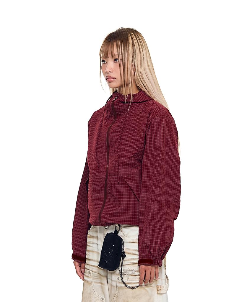 Aakam Check Pattern Hooded Jacket (Burgundy)