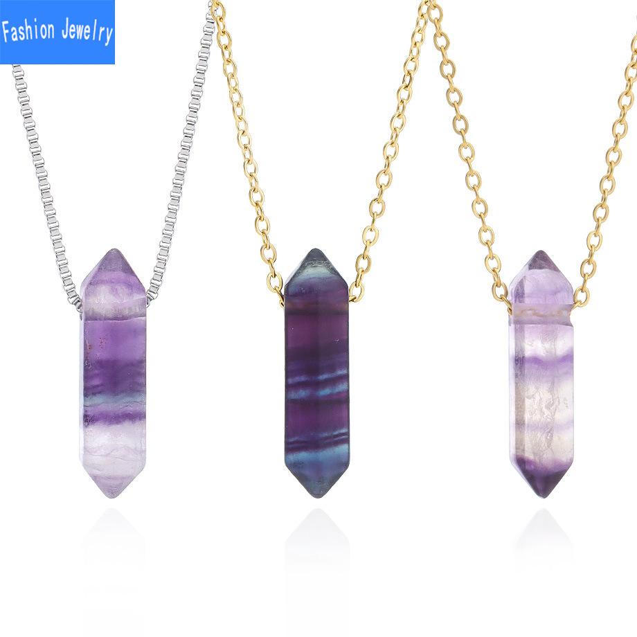 Natural crystal colorful fluorite double pointed column pendant necklace women's stainless steel clavicle chain