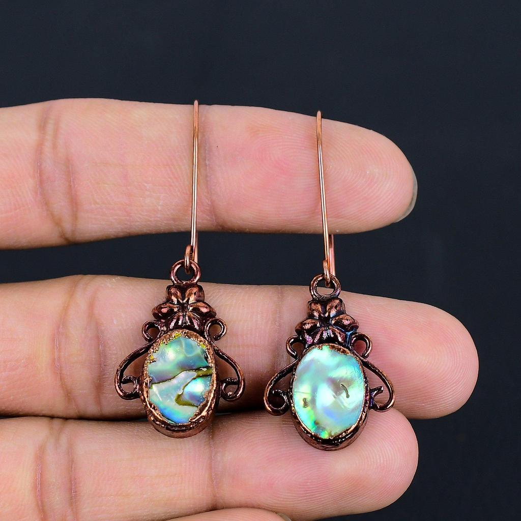 Abalone Shell Copper Electroformed Earrings, Handmade Gemstone Earrings Jewelry, Gifts For Wife Brand New Earrings