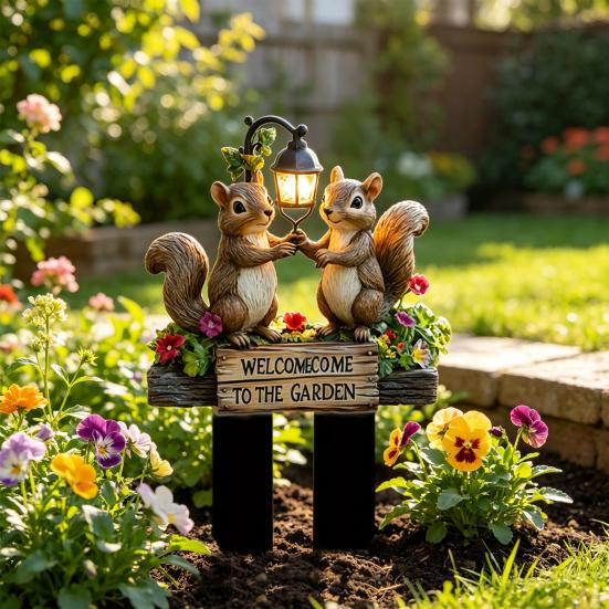 Two Squirrels Decorative Garden Stake, Welcome to The Garden Acrylic Yard Art, Street Lamp Squirrel Welcome Sign for Outdoor Yard Lawn Pathway
