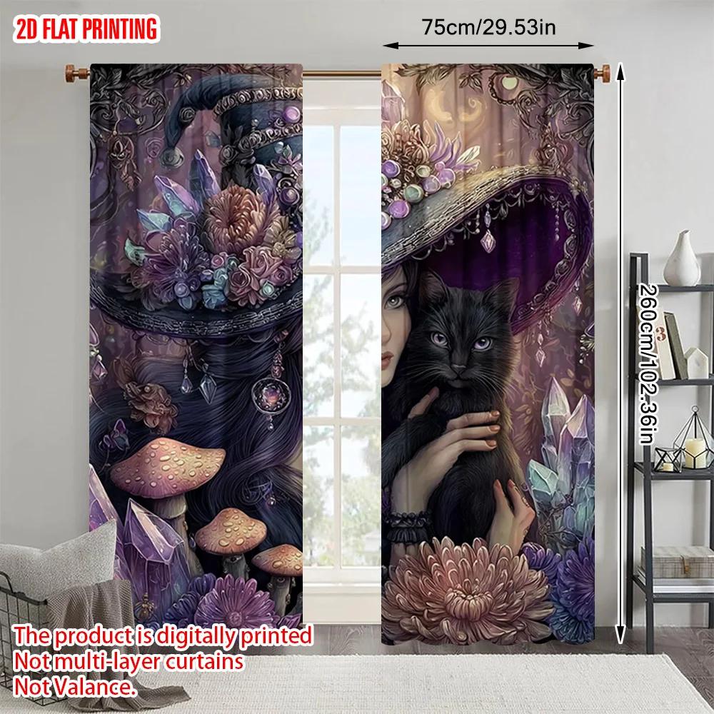 2pcs, plane printing Pattern Curtains Mysterious Witch with Cat and Mushroom Durable Polyester (without rod) All Seasons Ldeal
